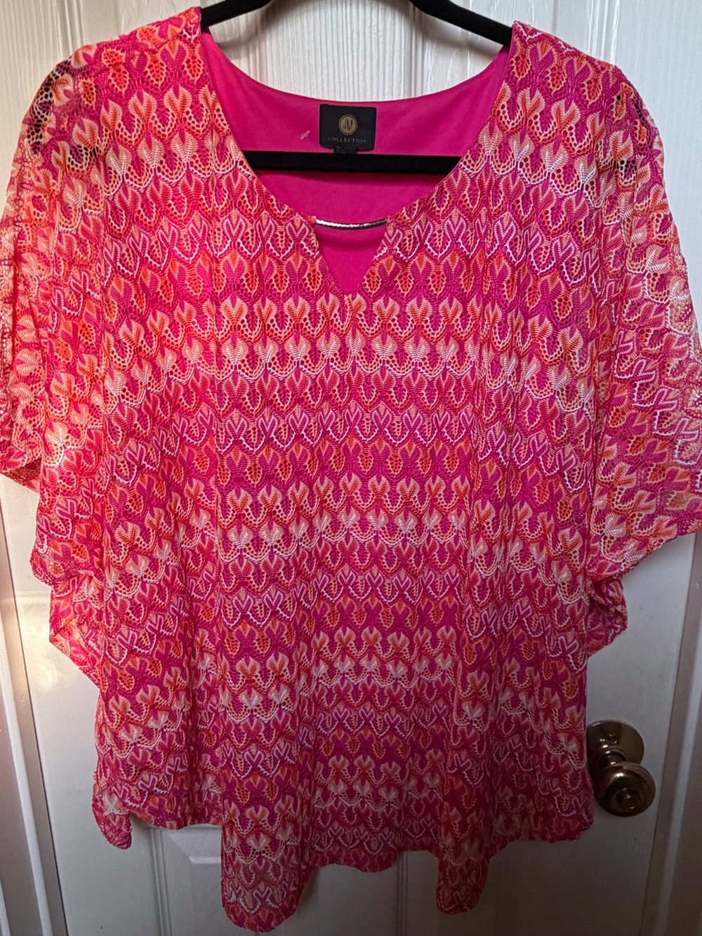 JM Collection Pink Orange and Cream Patterned V-Neck Tunic